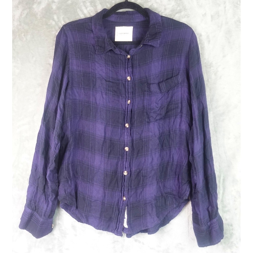 Lucky Brand Button Down Shirt Womens Small Purple Plaid Long Sleeve Casual Top